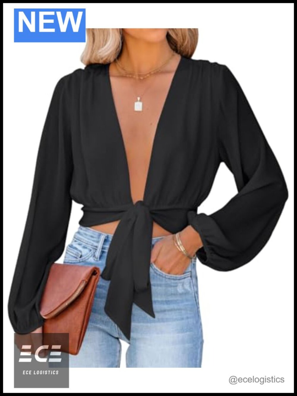 Women's Deep V Neck Wrap Crop Top Long Puff Sleeve Tie Front Blouse